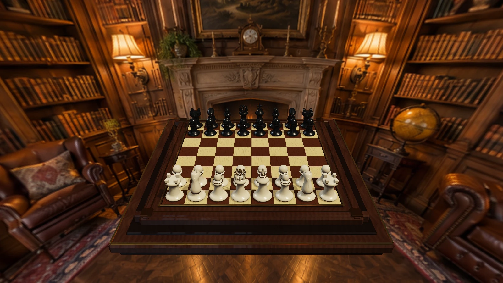 A three-dimensional chess board in a warm fireside library