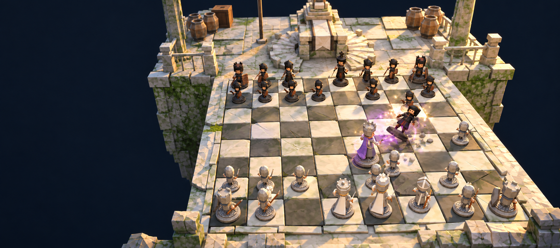 Wizard Chess promotional artwork — ivory and obsidian armies clash amid violet magic and sparks
