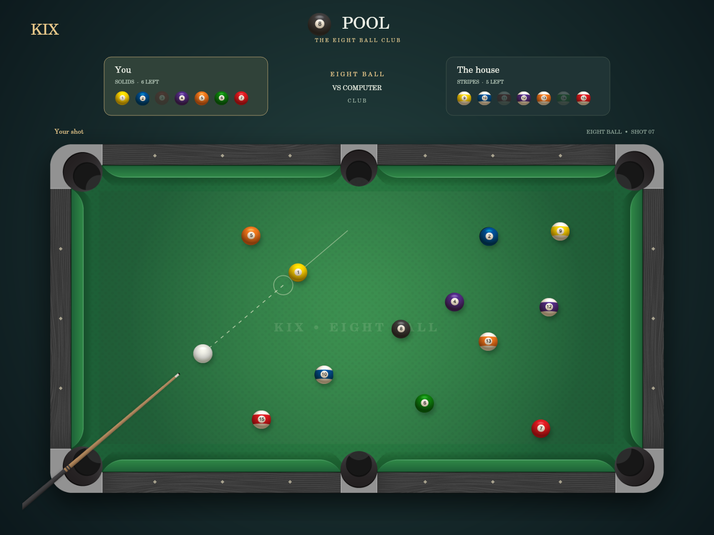 KIX Pool — the purchased table, balls and cue rendered by the game.
