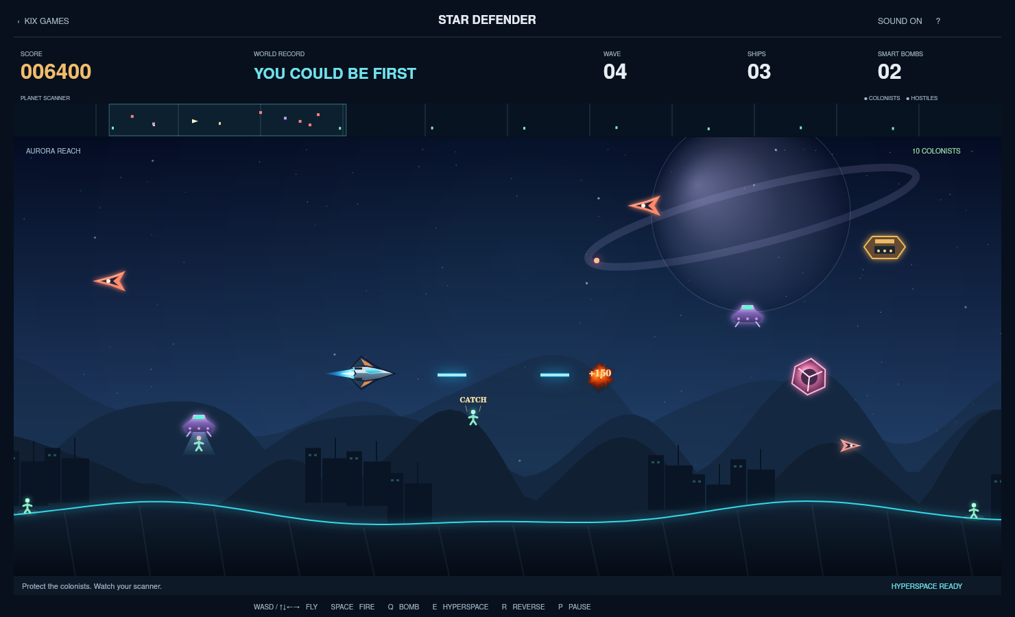 Star Defender — actual game rendering with the full-planet scanner, alien carriers and colonist rescue.